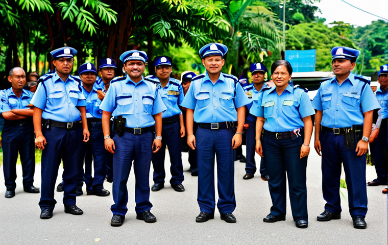 A diverse group of adult Malaysian community members, including men and women, engaging in a community safety discussion with a uniformed Polis Diraja Malaysia (PDRM) officer. All individuals are fully clothed in modest, everyday appropriate attire. The PDRM officer is in a professional, standard police uniform. The setting is a brightly lit, modern Malaysian neighborhood park or a community center, with a 'Rukun Tetangga' signboard subtly visible in the background, symbolizing local initiatives. The atmosphere is calm, positive, and collaborative, emphasizing community vigilance and unity. This image features perfect anatomy, correct proportions, and natural poses. It is well-formed hands, proper finger count, and natural body proportions. The image should be of professional photography quality, high-resolution, with sharp focus, vibrant colors, and natural lighting. This content is safe for work, appropriate content, fully clothed, and family-friendly.